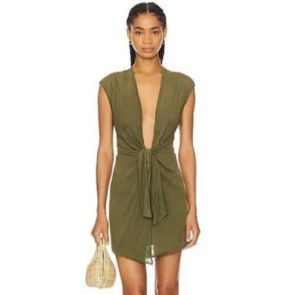 Vix Paula Hermanny Olive Green Sasha Short Cover Up Tie plunge Dress Medium NWT